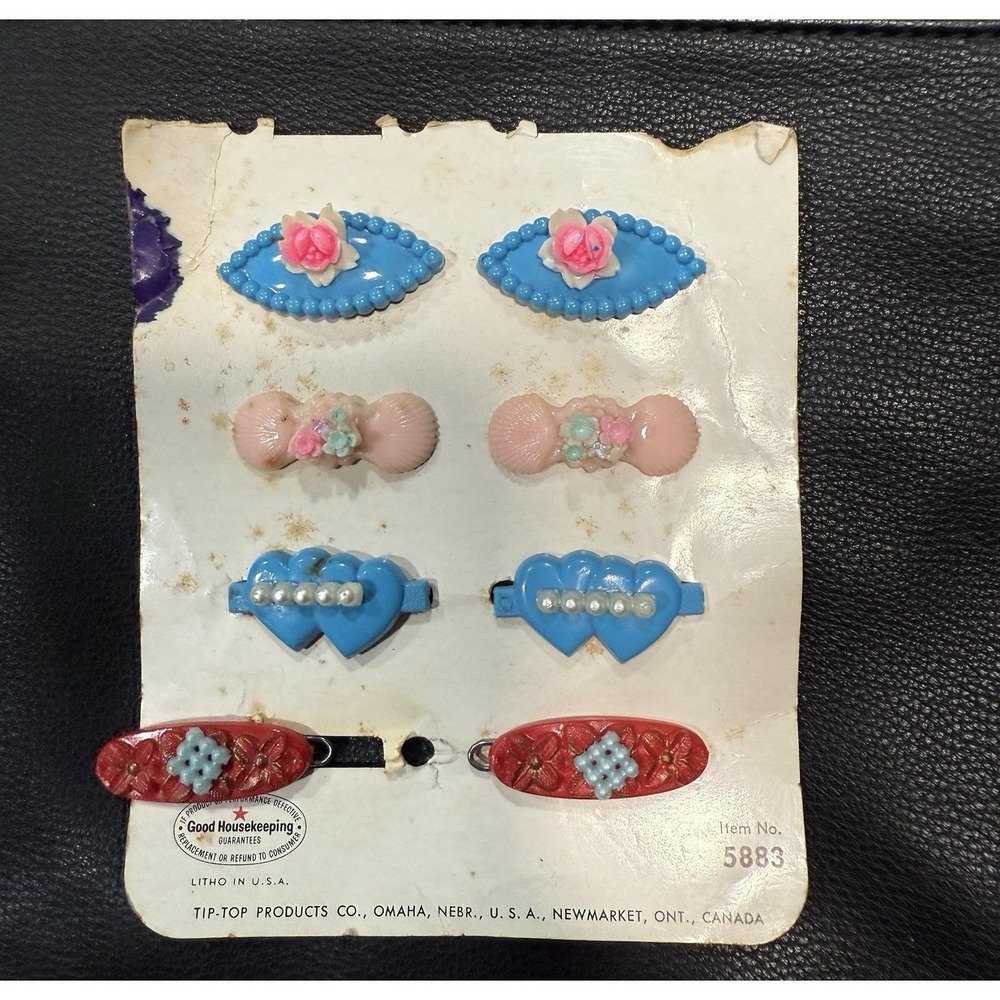 Vintage Tip-Top‎ Products Hair Clips Barrettes Set 4 Pairs Hearts Flowers 5883